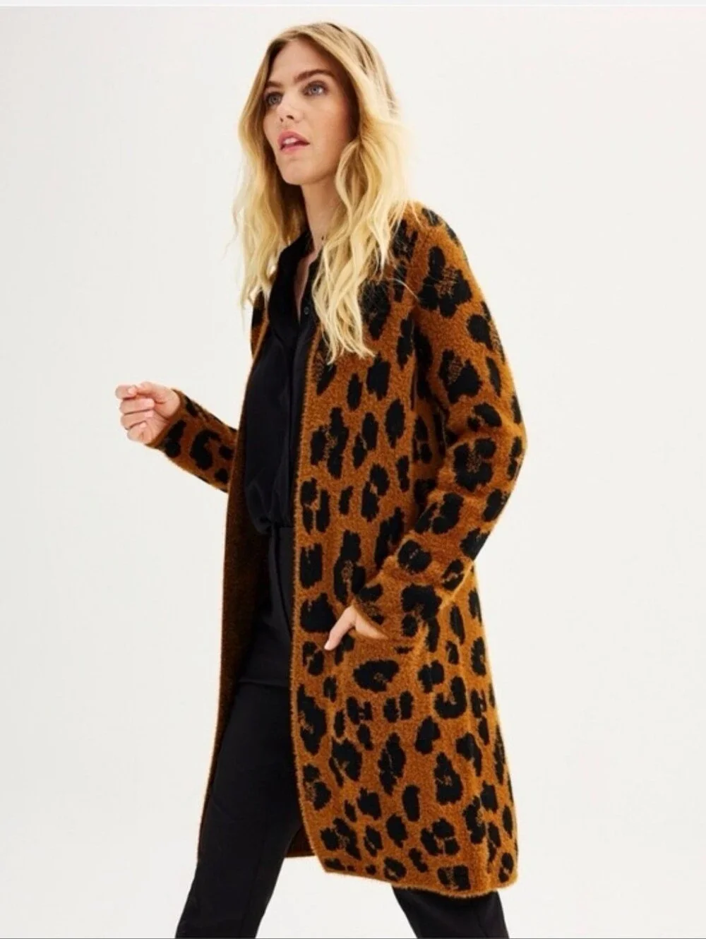 Knox Rose Leopard Open Front Fuzzy Soft Cardigan Women's Size Small Pockets